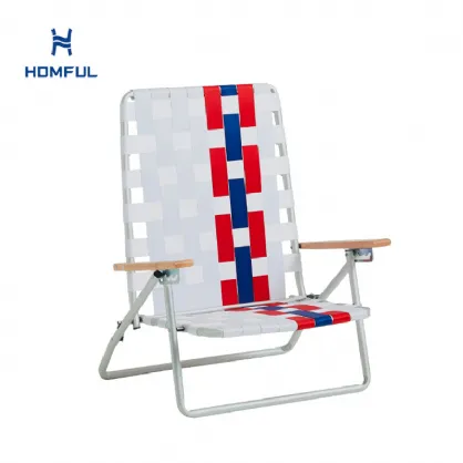 4-Position Adjustable Webbing Beach Chair with Wooden Arms