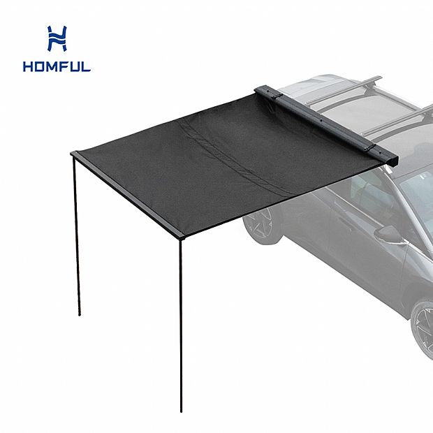 Universal Car Side Awning with Aluminum Storage Case 420D Ripstop Oxford Roof-Mounted Vehicle Sunshade