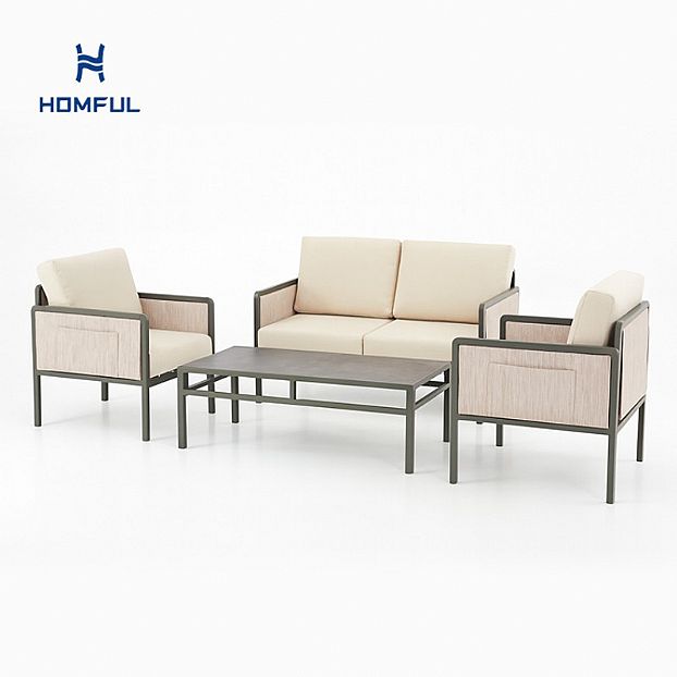 Conjunto de muebles de exterior de 4 piezas con mesa de cristal