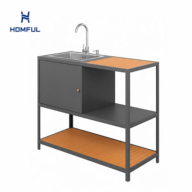 Mueble de jardín con mesa de almacenamiento, cocina exterior con fregadero