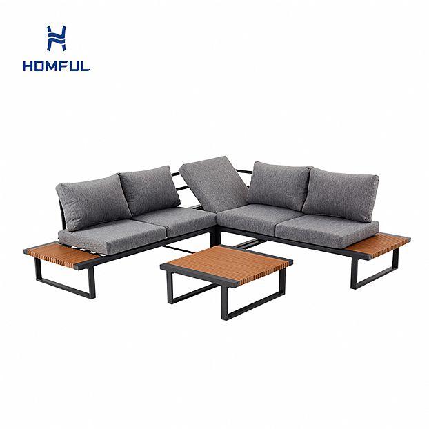 Ecksofa-Set für den Außenbereich mit verstellbarer Rückenlehne und Beistelltischen in Holzoptik