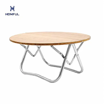 Mesa plegable redonda de madera de bambú para acampar