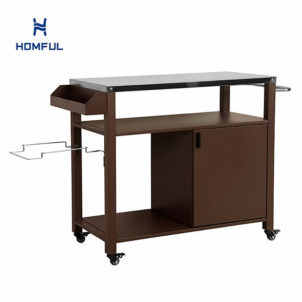 Patio Serving Cart Outdoor Kitchen Dining Trolley with Spice Rack