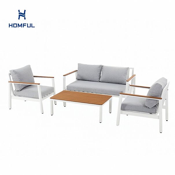 Outdoor 4-piece Aluminum Sofa Set with Wood Grain Finish