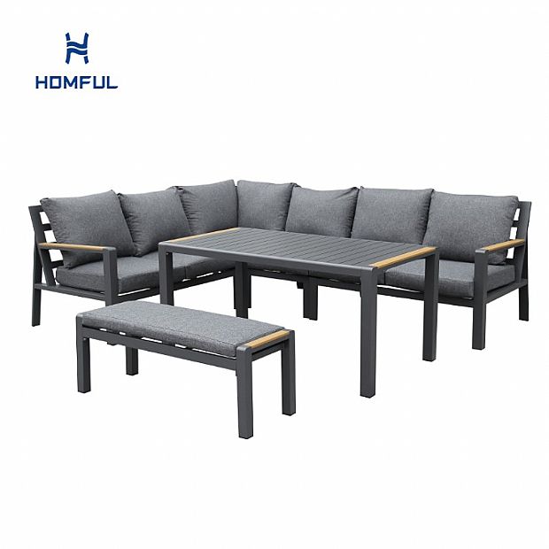 Outdoor Patio Aluminum Corner Sofa Set with a Coffee Table and Footstool