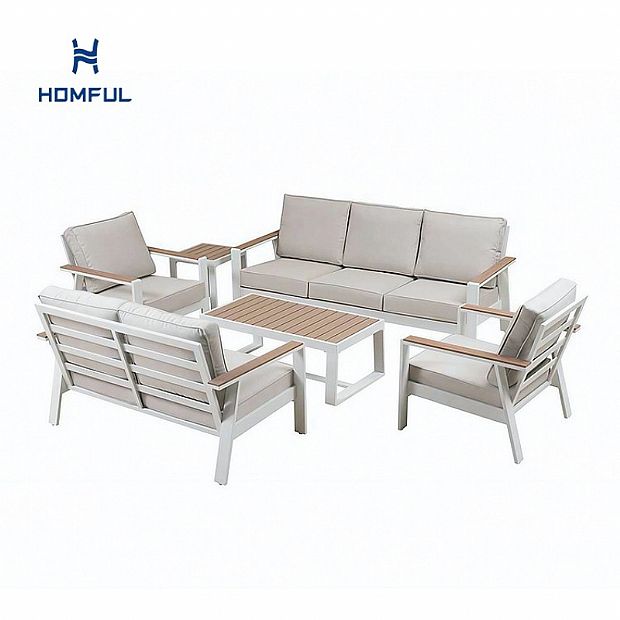 Wholesale 6-piece Outdoor Powder-coated Aluminum Patio Sofa Set with WPC Slat Table
